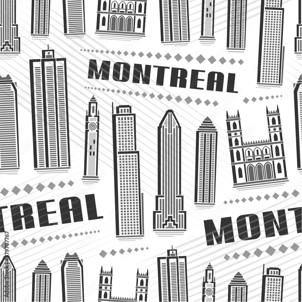 Vector Montreal Seamless Pattern, repeating background with illustration of famous montreal city scape on white background for wrapping paper, monochrome line art urban poster with black text montreal