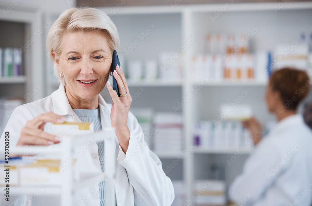 Pharmacy medicine, pharmacist phone call and woman talking in drugstore for telehealth. Healthcare, smartphone and happy senior medical doctor in consultation for medication prescription in shop.