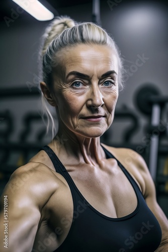 Old Woman at the Gym, blach top. Fit. Generative AI