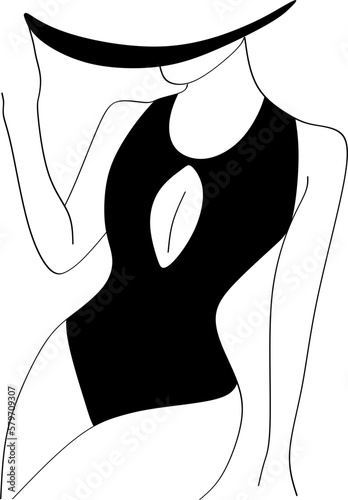 Sensual Linear Minimalistic Female Figure In Black Underwear. Vector Hand Drawn Illustration Of The Beautiful Woman Body. Design Idea For Tattoo, Card, Poster, Logo.