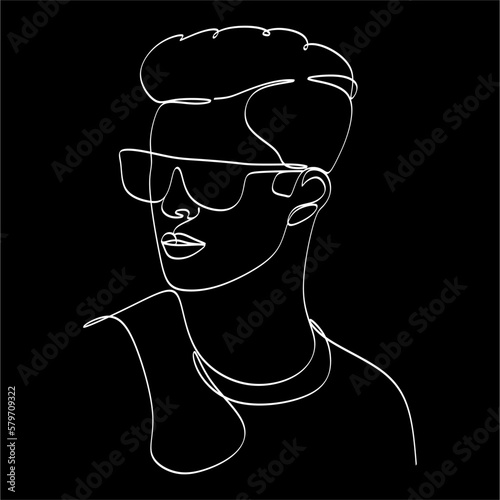 Linear portrait male face in glasses. Head man in minimal style. Continuous line. Promotion logo design for eyeglass store, vision health clinic, male stylist and hairdresser.