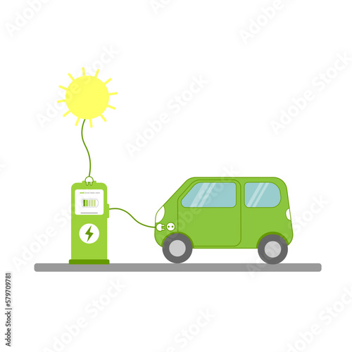 Flat vector illustration of a electric car charging at the charger station cartoon stile. Green electricity energy consumption outline concept. Electromobility e-motion concept.