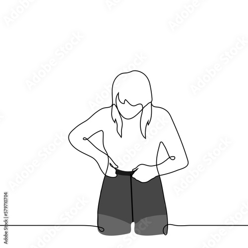 woman puts on black nylon tights with high waist - one line drawing vector. concept woman in lingerie