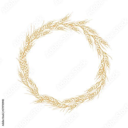 Wreath frame from ears of wheat.A bunch of ears of wheat,dried whole grains.Cereal harvest,agriculture,organic farming,healthy food symbol.Ears of wheat hand drawn.Design element. Isolated background