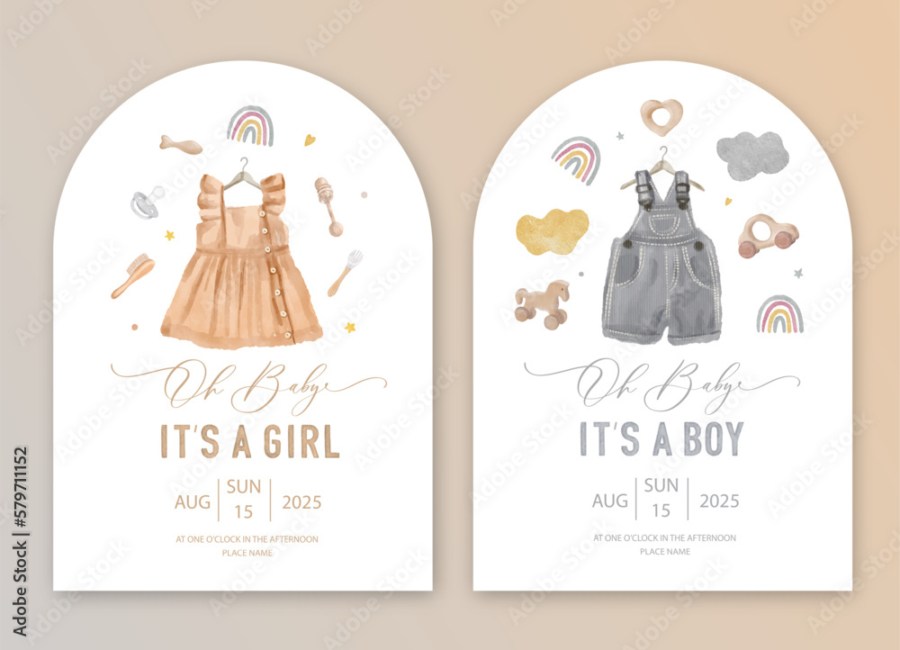 Cute baby shower watercolor invitation card for baby and kids new born celebration. Its a girl, Its a boy card with baby dress and toys. - obrazy, fototapety, plakaty 