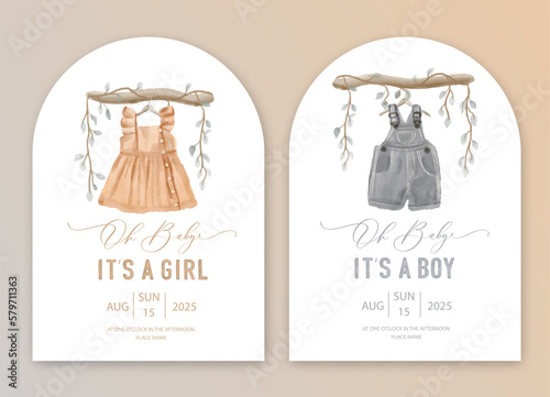 Cute baby shower watercolor invitation card for baby and kids new born celebration. Its a girl, Its a boy card with baby dress and toys.