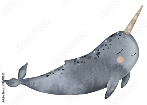 Obraz na plátně Cute cartoon narwhal in grey color