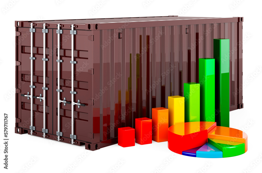 Green cargo container with growth bar graph and pie chart. 3D rendering ...