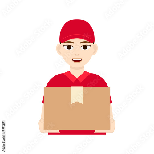 A courier in a red uniform holds a box and hands it to the recipient