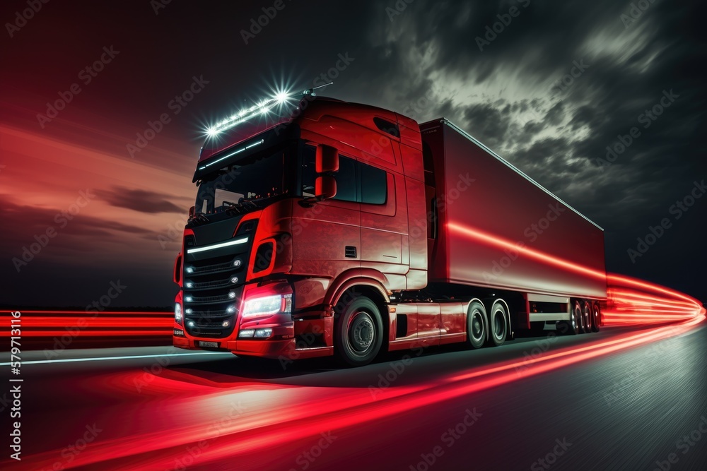 Modern truck speeding on freeway highway in motion. Generative AI