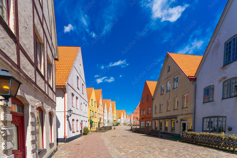 Street with colourful houses in Jakriborg, Sweden.