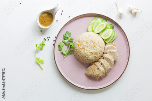 Asian healthy food chicken rice steam on white background.