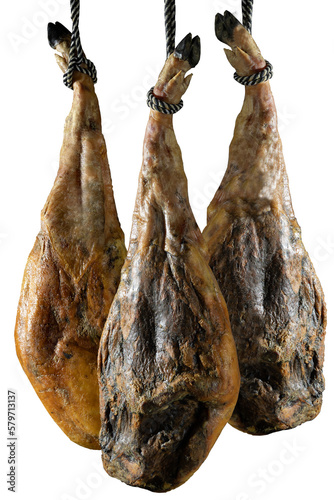 Jamón iberico español, jamón serrano y de bellota. Loncheado de jamón íberico español. Jamón español y comida tradicional.