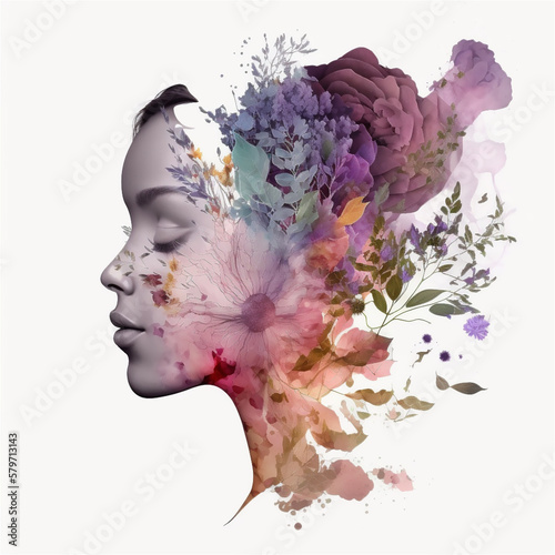 Watercolor illustration with a woman's face and flowers on a white background. Concept illustration. Generative AI.
