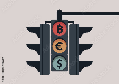 Traffic light regulation with currency signs, investment climate, stock market exchange
