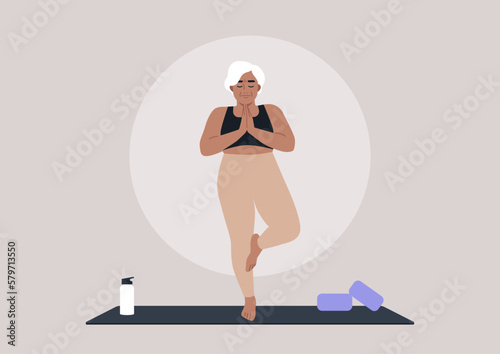A senior female Caucasian character practicing yoga at home, a tree pose