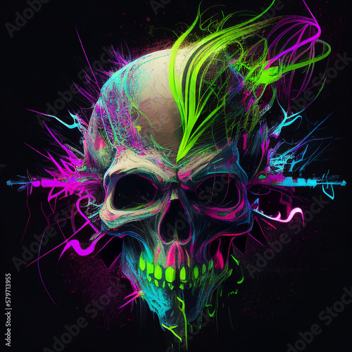 Neon Skull art with Green, pink, and blue flares | Generative AI Art