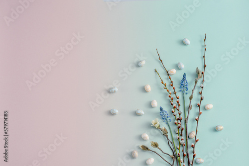 Beautiful Easter eggs and tree branches . Banner space for text