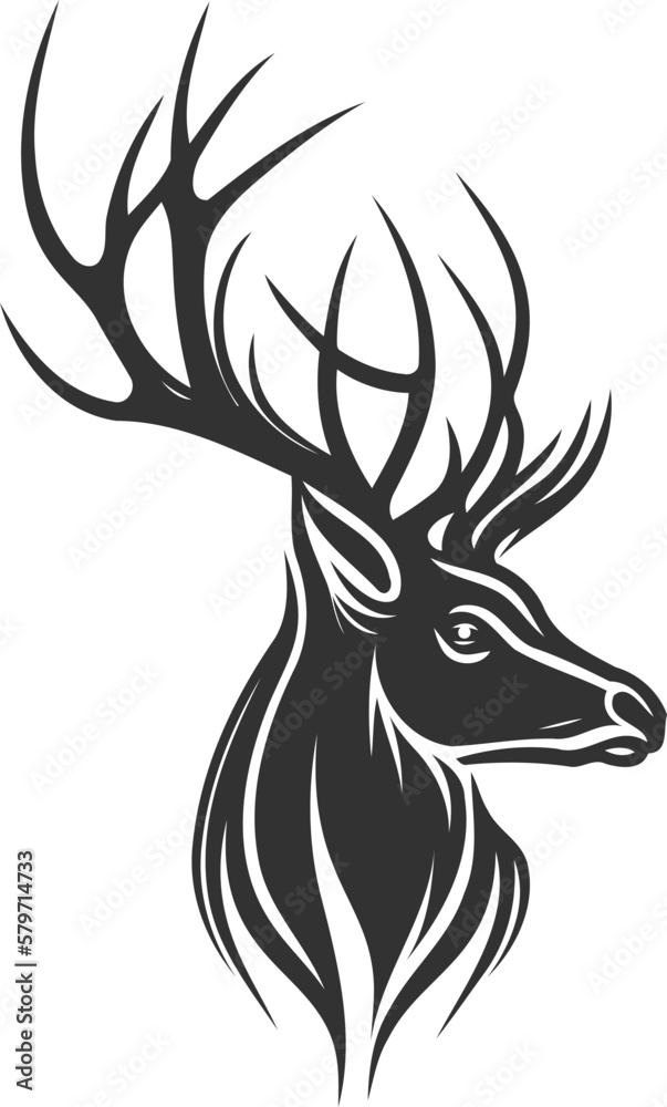 Majestic deer head isolated silhouette illustration on white background