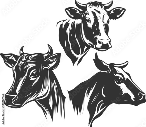 Set of cow silhouettes set of adorable black and white illustrations.