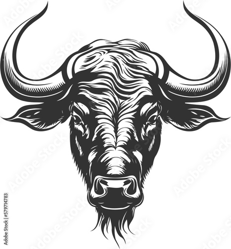 Fierce and powerful black and white isolated buffalo head silhouette illustration.