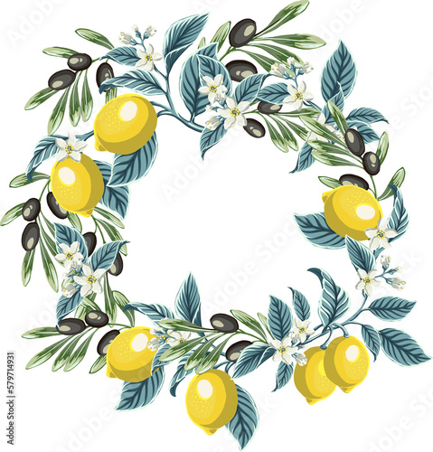lemon wreath and olives  round frame  invitation template  highlight individual PNG objects.