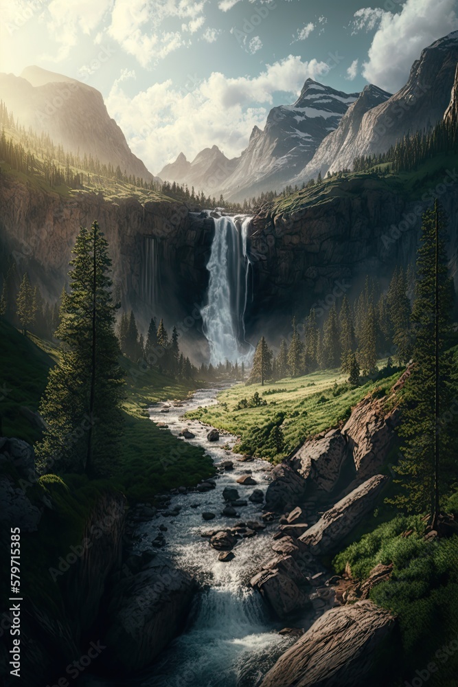 Vertical image of a waterfall flowing down from rocky cliff under cloudy sky. Generative AI - obrazy, fototapety, plakaty 