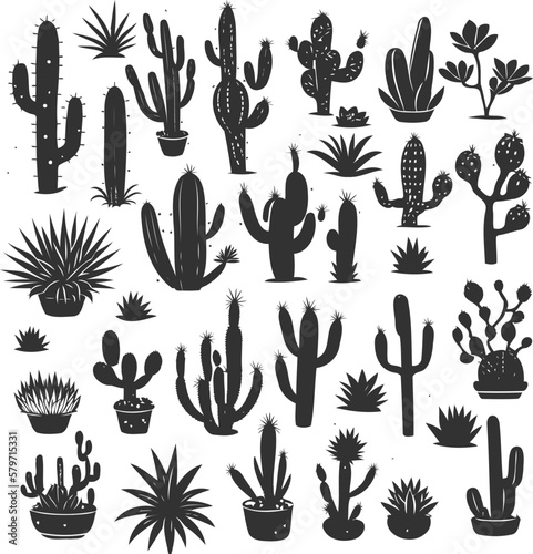 Black and white cactus plants silhouette illustration set.
