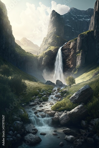 Vertical image of a waterfall flowing down from rocky cliff under cloudy sky. Generative AI