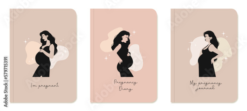 Templates for notebook covers with silhouettes of pregnant girls. Suitable for diary, books, magazines, planners and flyers. Vector