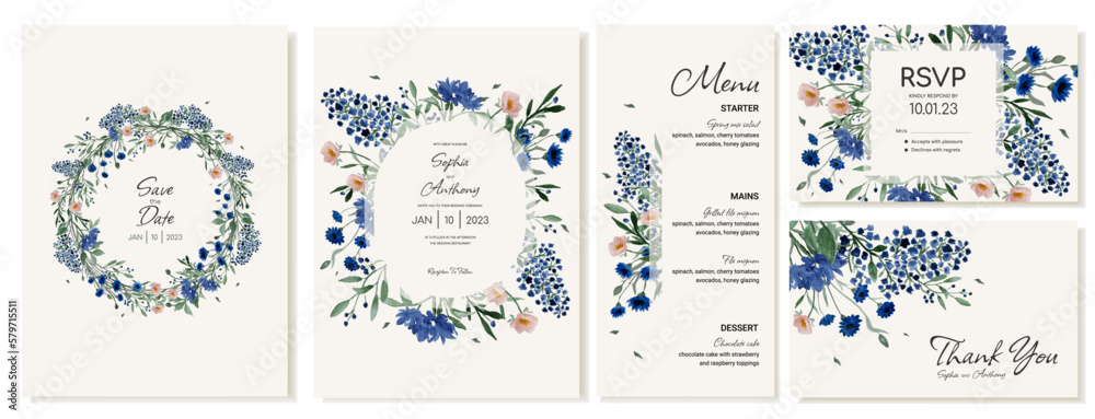 Wedding invitations, menu, thank you card and RSVP in rustic style with wildflowers. Vector template