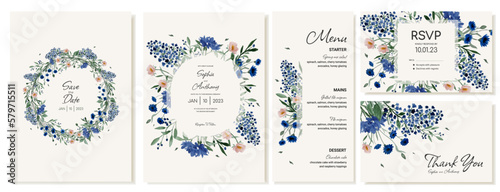 Wedding invitations  menu  thank you card and RSVP in rustic style with wildflowers. Vector template