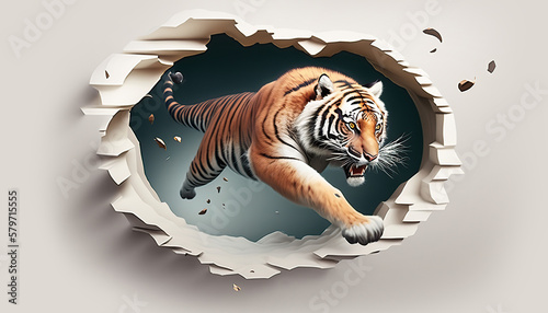 An angry tiger jumps out of a hole in the wall - aI generated