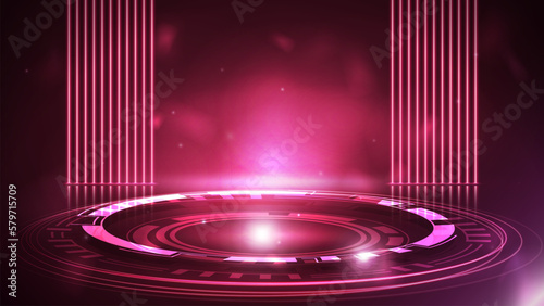 Pink empty scene with line neon lamps on background and pink hologram of digital rings in dark room
