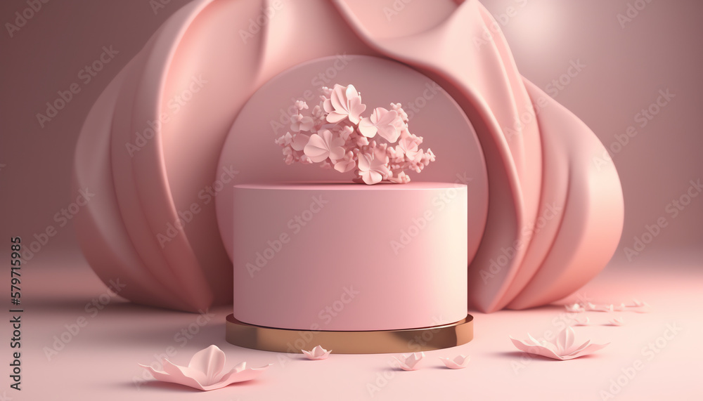 Obraz premium 3D background, pink podium display. Sakura pink flower on pastel silk cloth. Cosmetic or beauty product promotion step floral pedestal. Abstract minimal advertise. 3D render copy space spring mockup