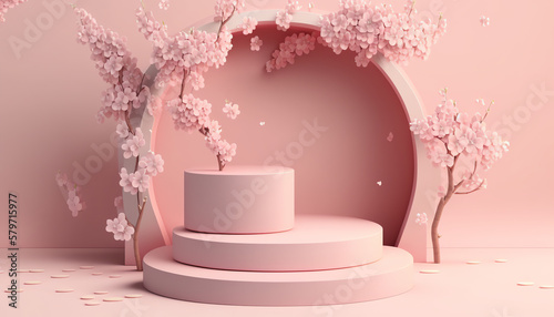 3D background, pink podium display. Sakura pink flower falling. Cosmetic or beauty product promotion step floral, pastel pedestal. Abstract minimal advertise. 3D render copy space spring mockup