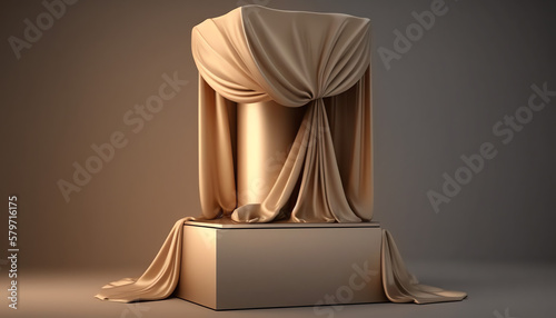 3D display podium, brown background with wood frame pedestal and flying silk cloth curtain. Nature wind. Beauty, cosmetic product presentation stand. Luxury feminine mockup 3d render advertisement