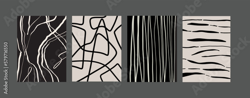 Minimalist trendy abstract print set. Line art black and white illustrations. Modern vector template for design.