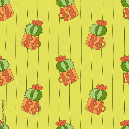 Cute blossom cactus in ceramic mug on wavy vertical lines background seamless pattern. Color doodle hand drawn home decor. Perfect for linen spread tablecloth textile. Vector illustration.