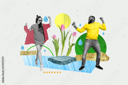 Creative picture banner poster collage of two crazy people dancing advertising spring 8 march occasion on melting land