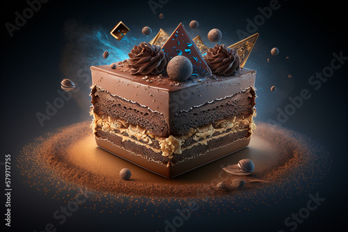 Chocolate Fudge Birthday Cake, A chocolate cake topped with creamy chocolate frosting and sprinkled with cocoa powder, generative ai