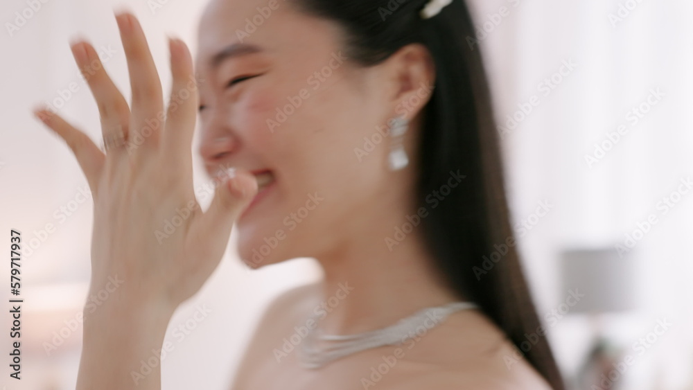 Women, friends and smile, dance and show wedding ring on hand house or apartment. Happy young Asian bride dancing together with bridesmaid on wedding day, celebration at family home or hotel Women, friends and smile, dance and show wedding ring on hand house or apartment. Happy young Asian bride dancing together with bridesmaid on wedding day, celebration at family home or hotel