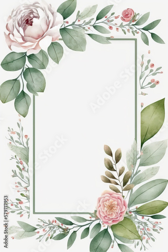Watercolor banner with green eucalyptus leaves and branches. Spring or summer flowers for invitation, wedding or greeting cards. Generative AI