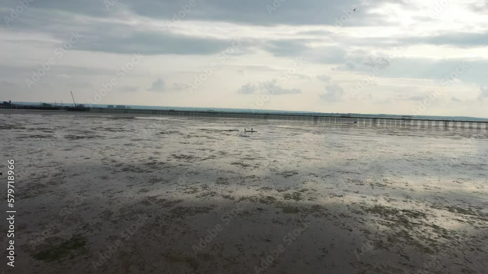 People standing on elevated ground on sea coast at low tide. Southend Pier in Thames river estuary in background. Southend-on-Sea, UK People standing on elevated ground on sea coast at low tide. Southend Pier in Thames river estuary in background. Southend-on-Sea, UK
