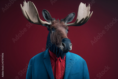 The Majestic Moose in a Handsome Suit, A Creative Valentine's Day Stock Image of Animals in Suit. Generative AI 