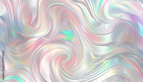 Seamless trendy iridescent rainbow foil texture. Soft holographic pastel unicorn marble background pattern. Modern pearlescent blurry abstract swirl illustration. Generative AI