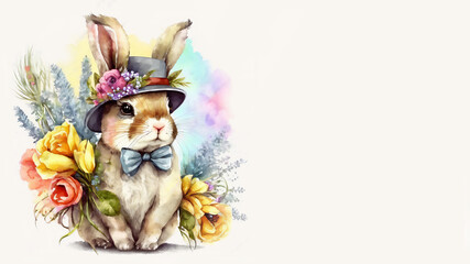 Cute bunny holding spring flowers. Happy easter. Generated AI
