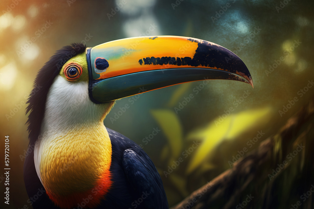 Toco toucan in the reserve of exotic tropical birds. Generative AI Toco toucan in the reserve of exotic tropical birds. Generative AI