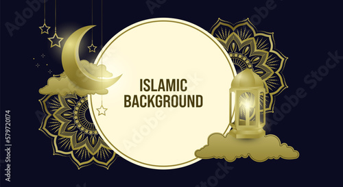 Islamic Background Template with Calligraphy Ramadan Kareem, Pattern Seamless, Border Text, Mandala and Lamp in Gold Theme. Ramadan Kareem Vector Design Illustration