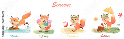 seasons weather set. Cartoon illustrations of winter  spring  summer  autumn. Cute fox in season scenes.
